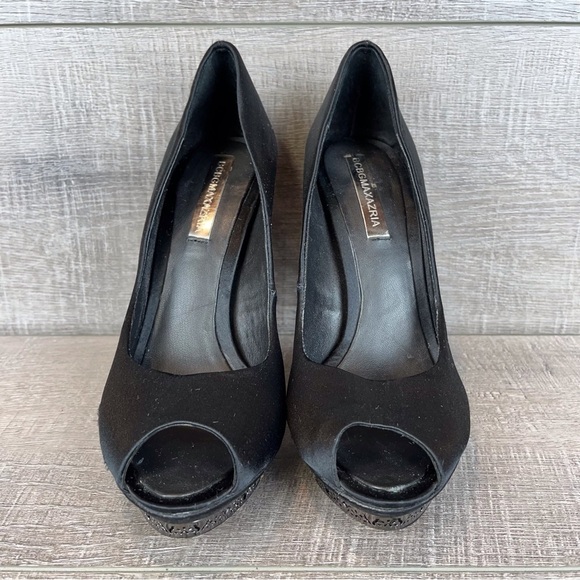 BCBGMAXAZRIA sz 6.5 Dalton black satin peep toe platform pumps metal accents - Picture 9 of 15